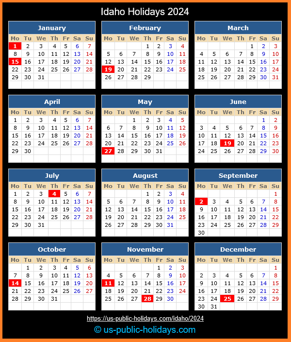 Idaho Holiday Calendar 2024